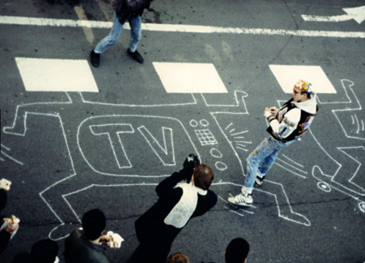 Elevated view of KEITH HARING at work in Japan 1985 