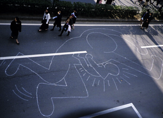 Overhead view of Keith Haring's chalk drawing. Photo by Juan Rivera of Roulette Fine Arts. 1985